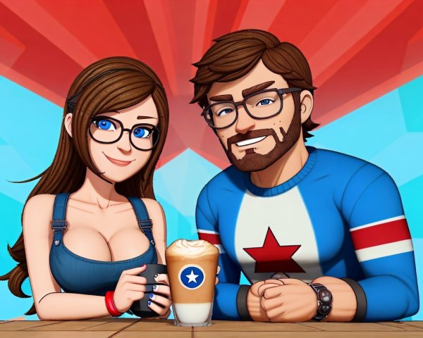 Animated Couple at Table with Coffee in Geometric Setting