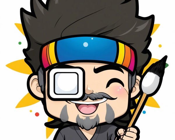 Colorful Cartoon Man with Paintbrush and Starburst Background