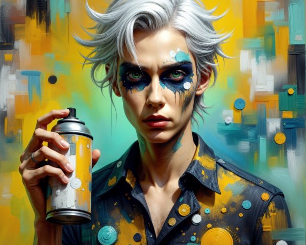 Young person with silver hair and bold makeup artistry