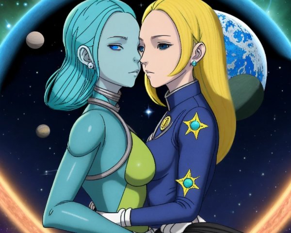 Cosmic Embrace of Two Serene Female Figures