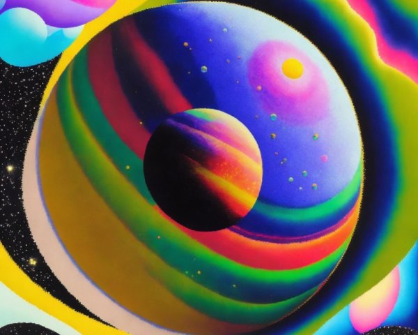 Vibrant Cosmic Scene with Striped Planet and Orbs