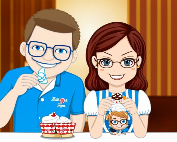 Cheerful Cartoon Couple Enjoying Ice Cream and Cupcakes