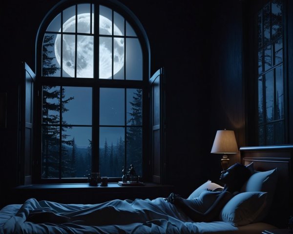 Peaceful Bedroom with Moonlit Window and Warm Lighting
