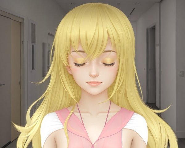 Serene Animated Girl in Pastel Pink Top in Hallway