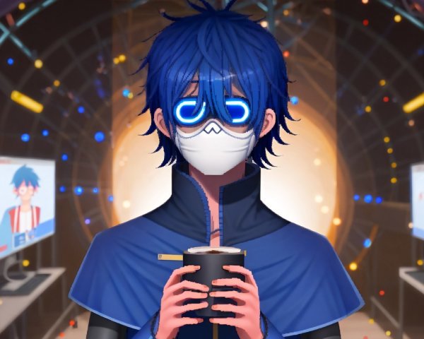 Futuristic Character in Digital Space with Blue Hair