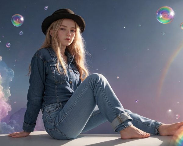 Young woman in denim with colorful dreamy backdrop