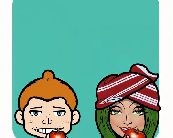 Cartoon Characters with Apples on Teal Background