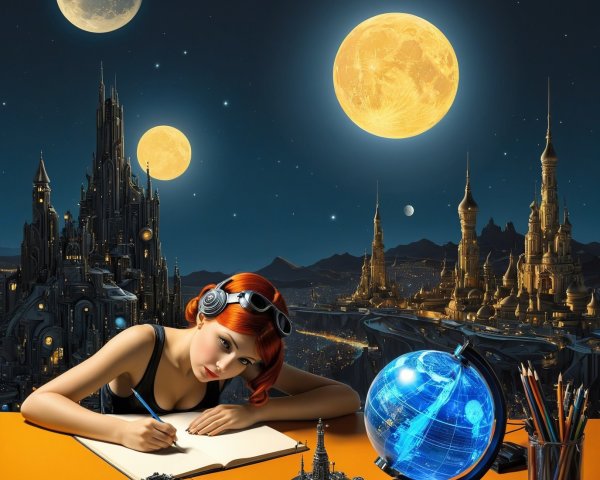 Young woman writing at steampunk-themed orange desk