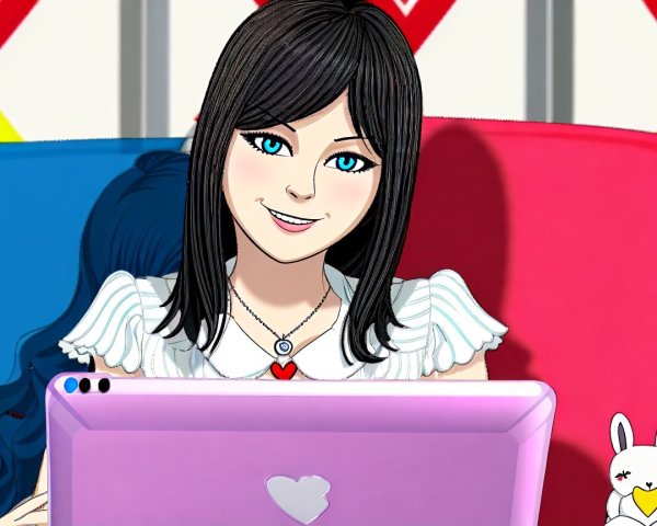 Cheerful Young Woman at Colorful Desk with Laptop
