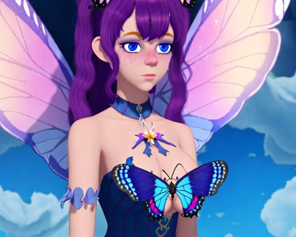 Whimsical character with purple hair and butterfly wings