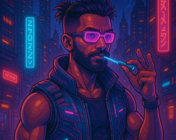 Cyberpunk Character in Neon Cityscape with Futuristic Gear