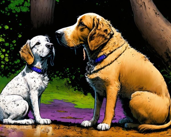 Playful Puppy and Dog in a Sunlit Forest Setting