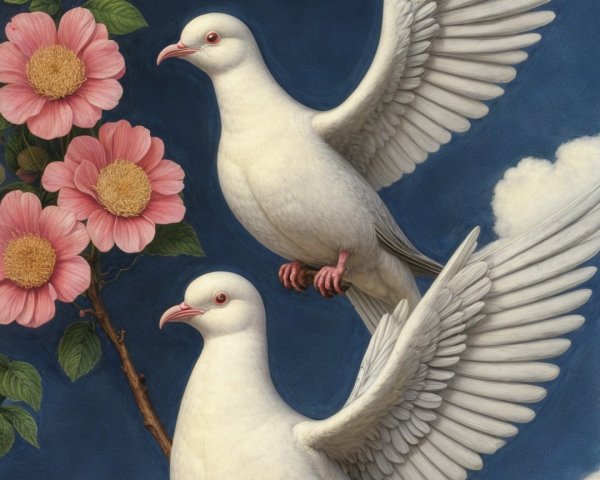 Three White Doves on Branch with Pink Flowers