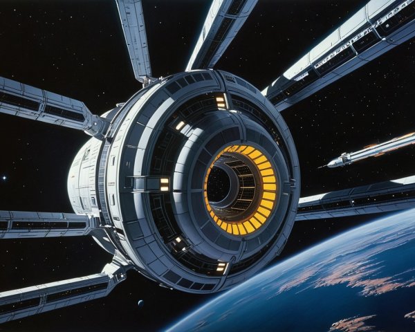 Futuristic Space Station Orbiting Earth with Radiating Arms