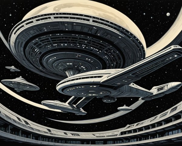 Futuristic Space Scene with Circular Spaceship Design