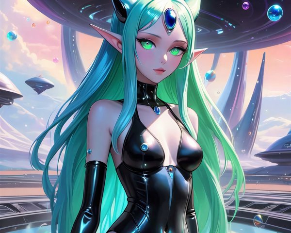 Anime Character with Elf Ears in Futuristic Cityscape