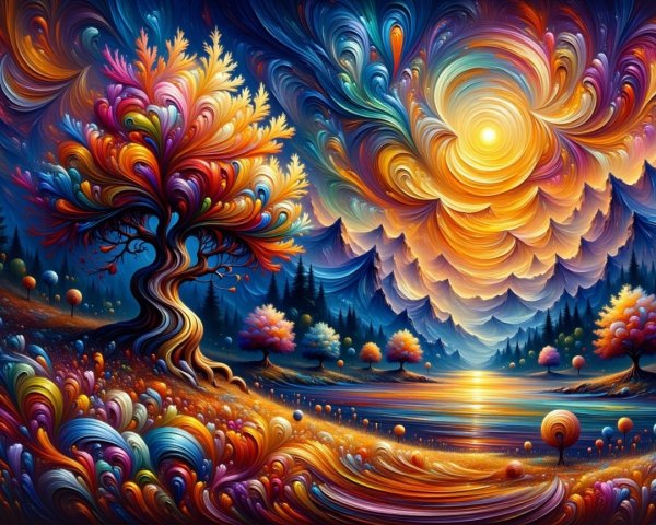 Vibrant Landscape with Colorful Sky and Serene Lake