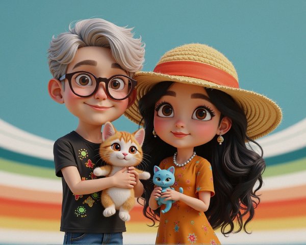 Cheerful Children with Kittens and Colorful Background