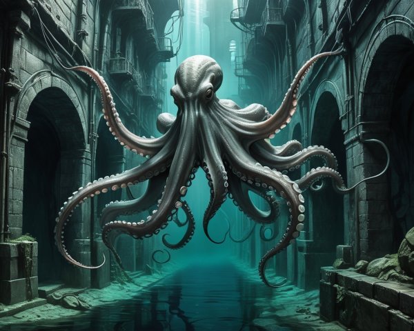 Enormous octopus in ancient underwater city ruins