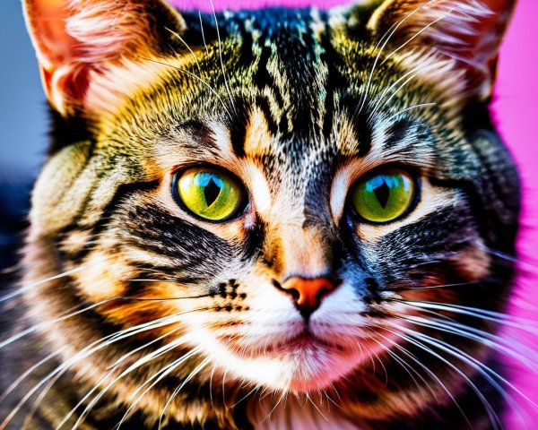 Close-Up of a Multicolored Cat with Green Eyes