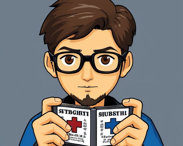 Cartoon Character with Glasses Holding Illustrated Book