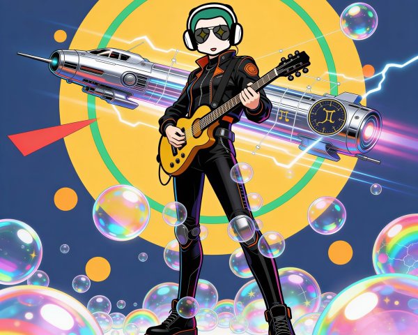 Anime character with green hair in jumpsuit playing guitar
