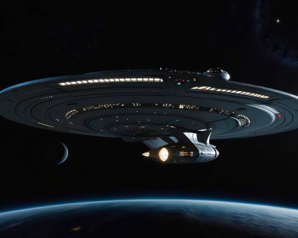 Futuristic spaceship above Earth-like planet and moon