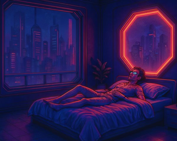 Futuristic Room with Neon Reflections and Urban View