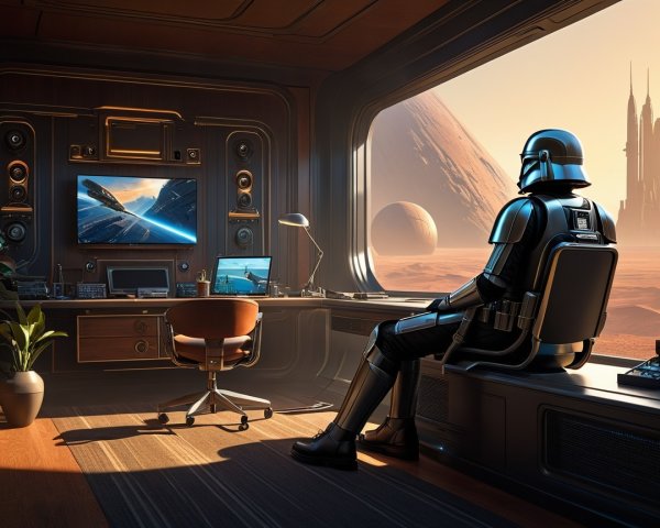 Futuristic Room with Armor Figure and Alien Landscape