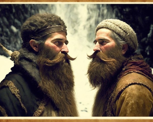 Mountain Men in Snowy Landscape with Intense Expressions