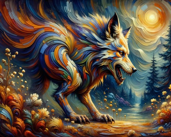 Abstract Wolf in Colorful Landscape with Water and Sun