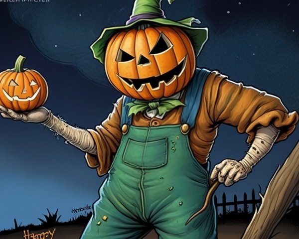 Whimsical Scarecrow with Pumpkin Head in Moonlight