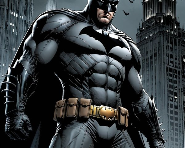 Batman on Rooftop Overlooking Gotham City at Night
