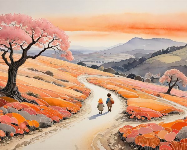 Watercolor Scene of Children on Path with Cherry Blossoms