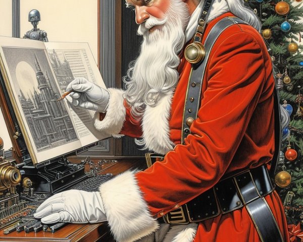 Santa Claus Drawing Cityscape at Steampunk Desk