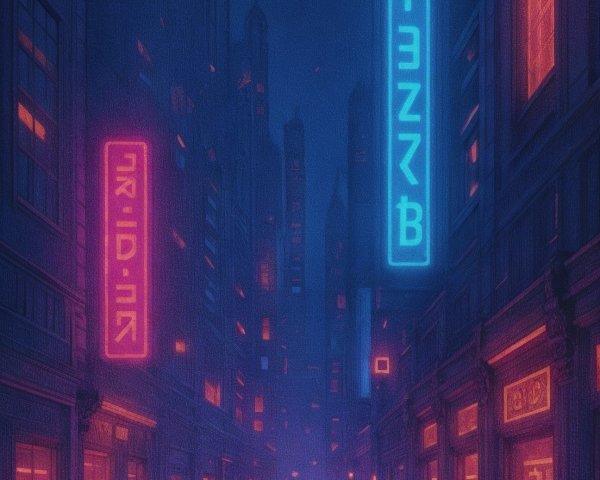 Urban street at night with neon lights and shadows