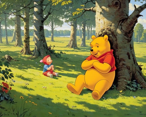 Pooh Bear and Piglet in a Sunlit Forest Setting
