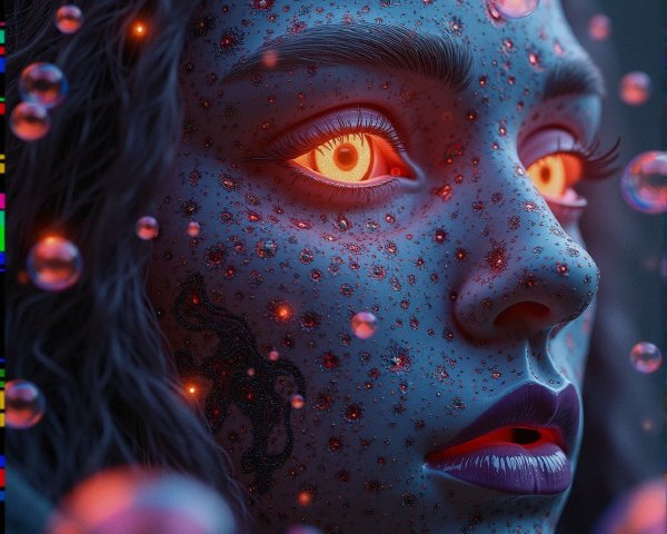 Close-Up of Female Face with Orange Eyes and Bubbles