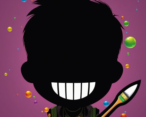 Cartoon Character with Black Silhouette and Colorful Bubbles