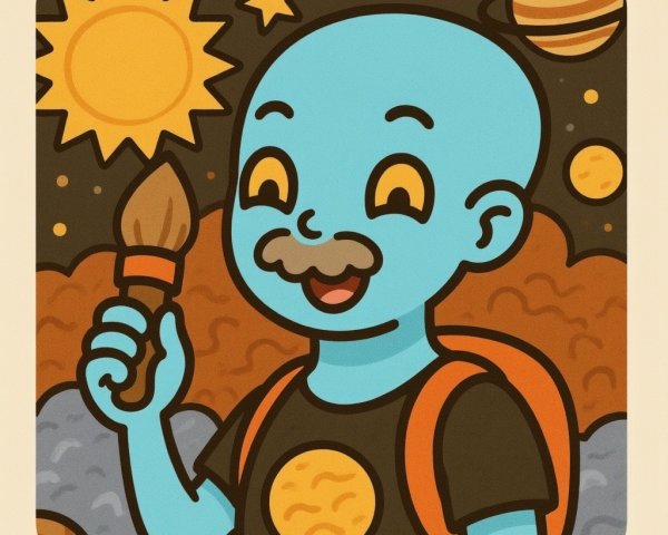 Blue-skinned alien child with paintbrush in space scene