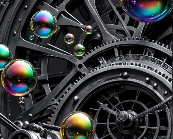 Intricate Mechanical Clockwork with Colorful Bubbles