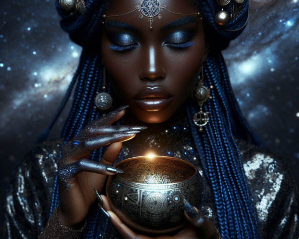 Regal Figure with Cosmic-Themed Accessories in Space