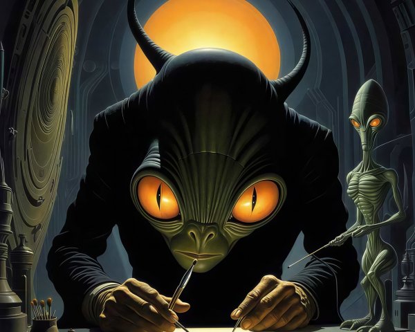 Reptilian Creature Writing in Dark Futuristic Room