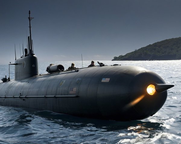 Dark Submarine Surfaces in Calm Waters with Mountains