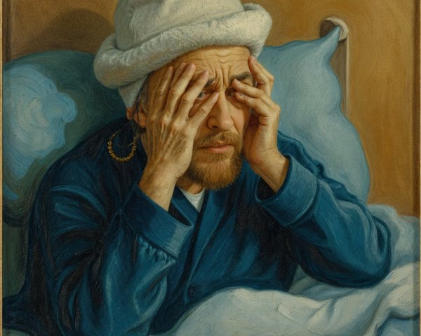 Man in Bed Expressing Distress in Blue Robe