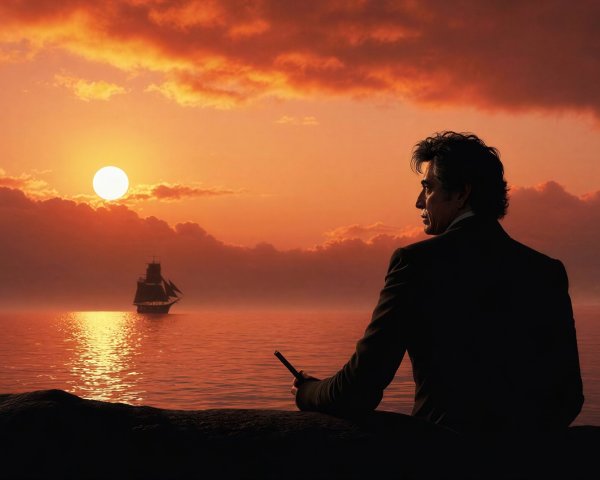 Dreamlike Illustration of Man by Water at Sunset