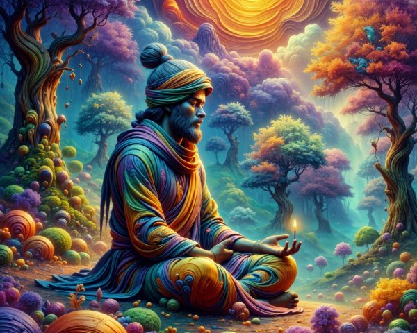 Surreal Landscape with Meditative Figure and Flame