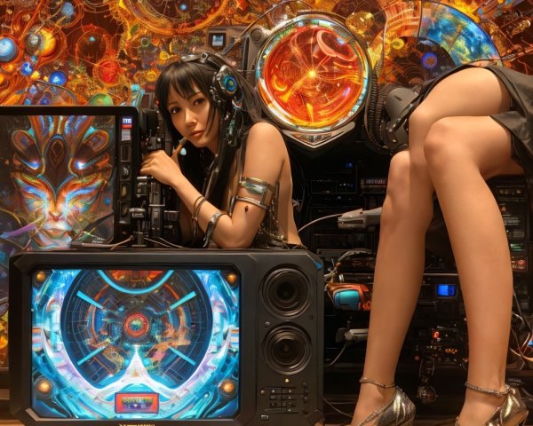 Futuristic scene with woman in high-tech environment