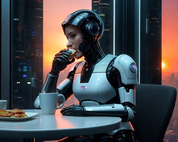 Humanoid Robot at Table with Sunset Cityscape Background