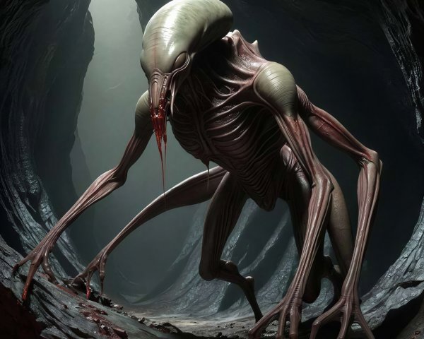 Terrifying Creature with Elongated Head and Clawed Limbs